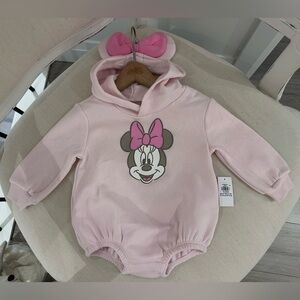 🤍 12~18 Mth Minnie Mouse Pink Hooded Sweatshirt Bubble Baby Romper NWT
